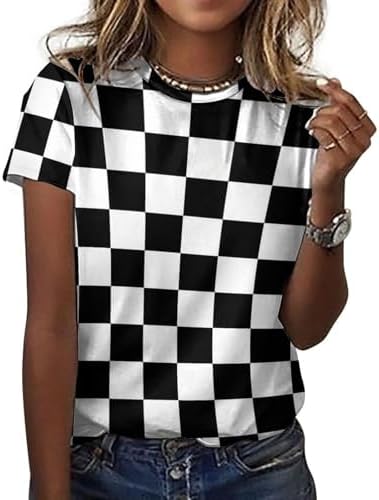 NUJAKE Black White Race Checkered Flag Pattern Womens Short Sleeve